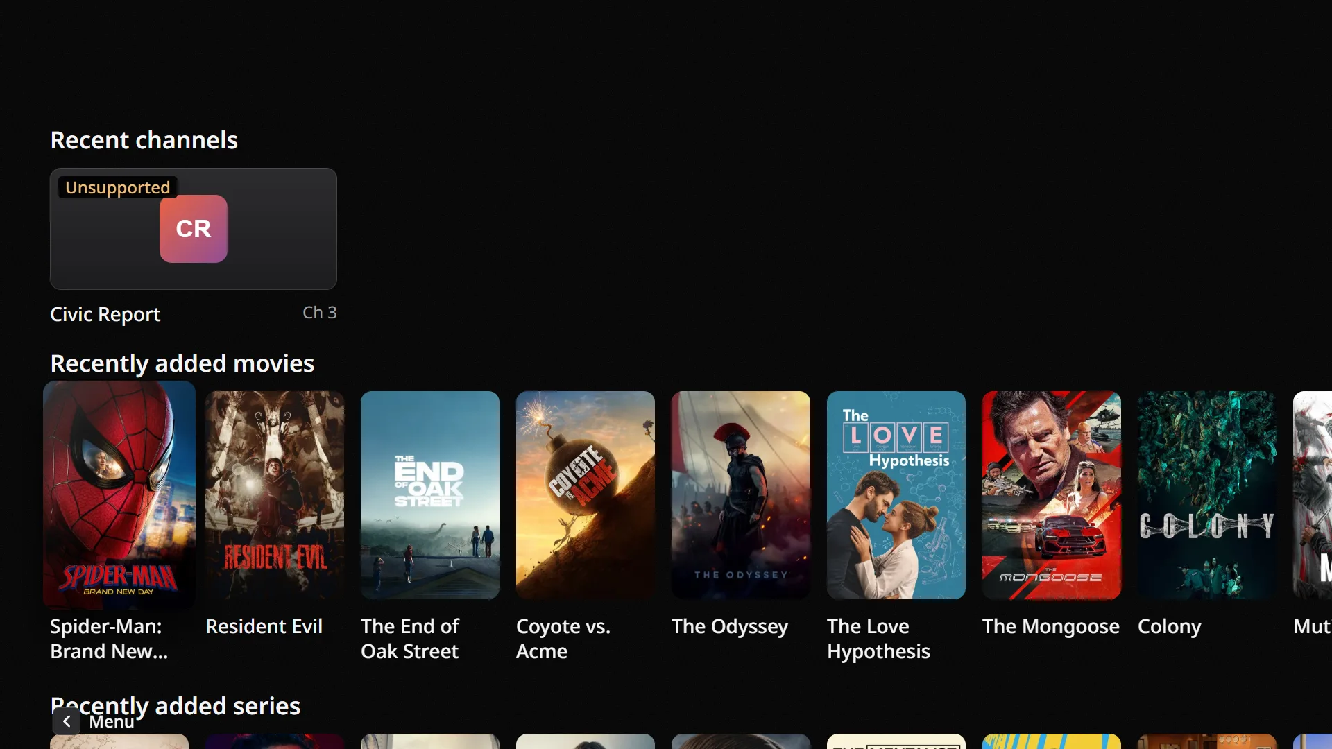 The Evenfall home screen with recently added movies and series