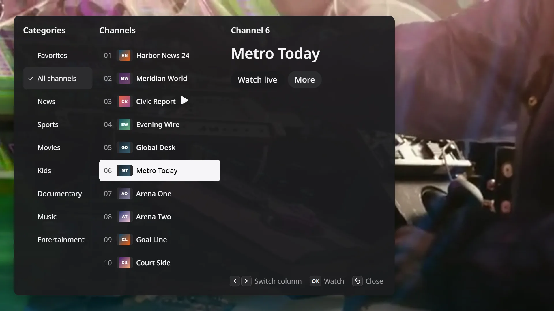 The channel list open over a live channel