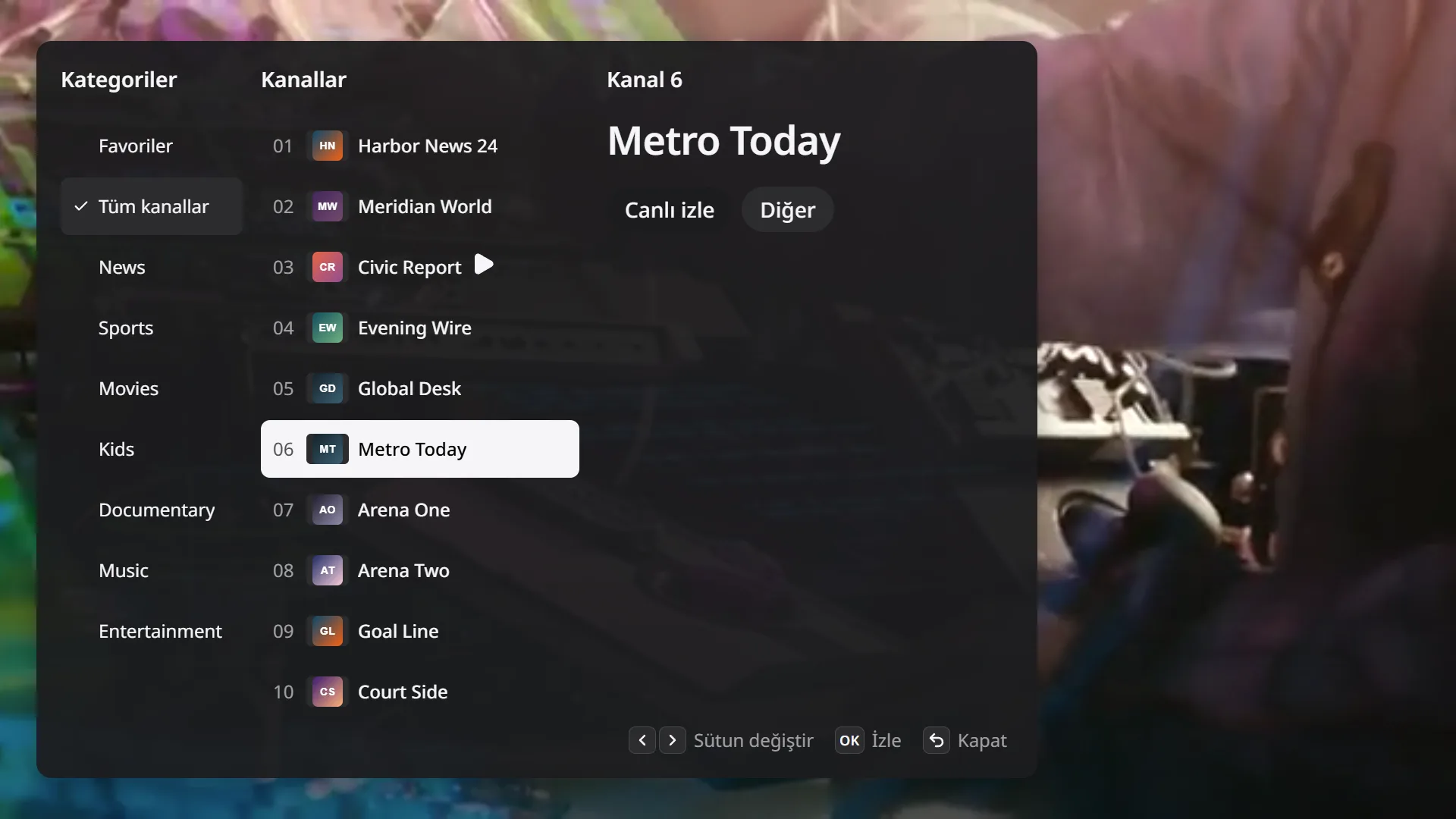 Canlı bir kanalın üzerinde açık kanal listesi